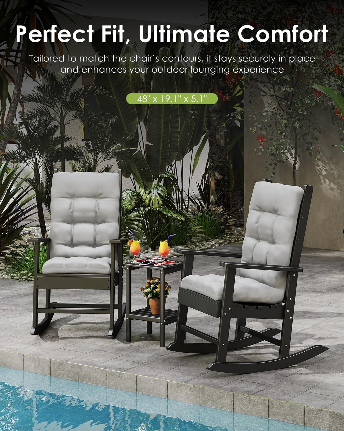 GREENVINES Outdoor Rocking Chair Cushions Set of 2, Polyester, Grey