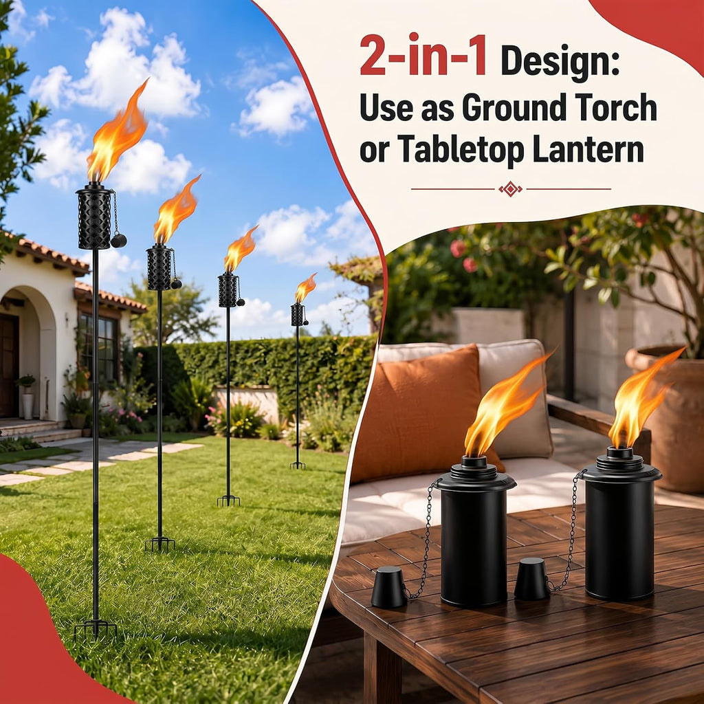 4 Pack Garden Torch, 16oz Outdoor Citronella Torches, 58-Inch Upgraded Citronella Torches with 5-Prong Grounded Stake, Metal Light Torches for Party Patio Pathway