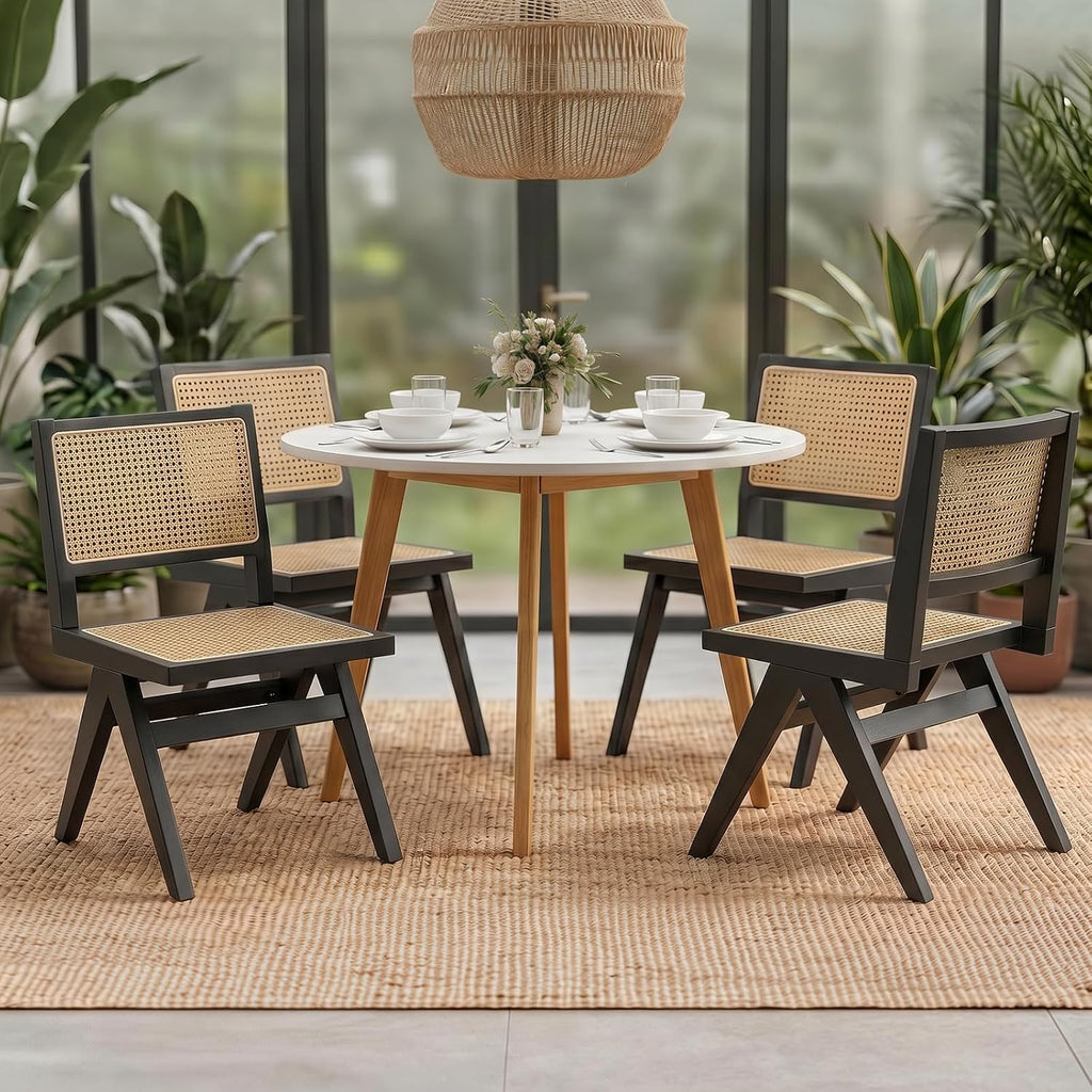 Rattan Armless Dining Chairs Set of 4,Black Solid Wood Mid Century Chairs