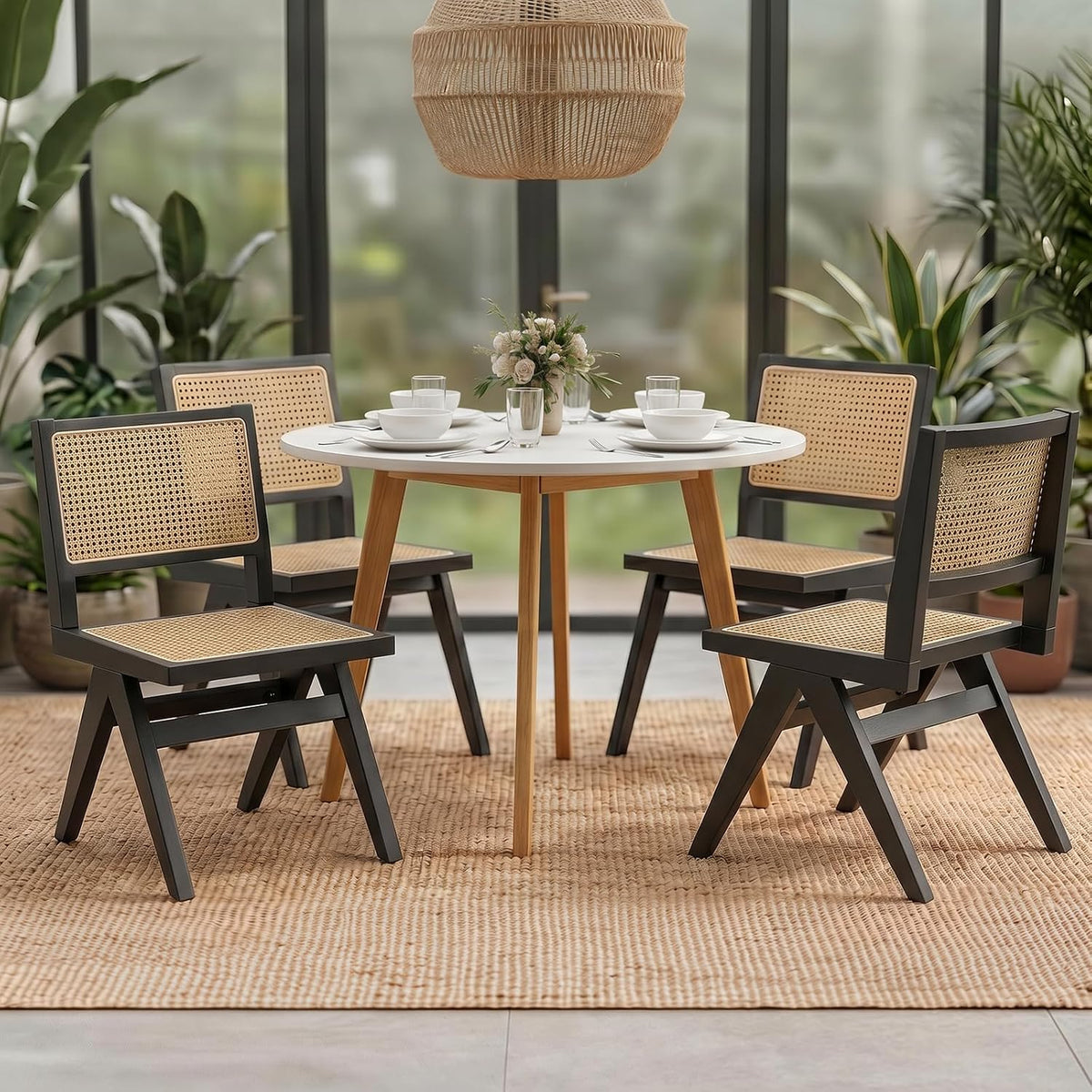 Rattan Armless Dining Chairs Set of 4,Black Solid Wood Mid Century Chairs