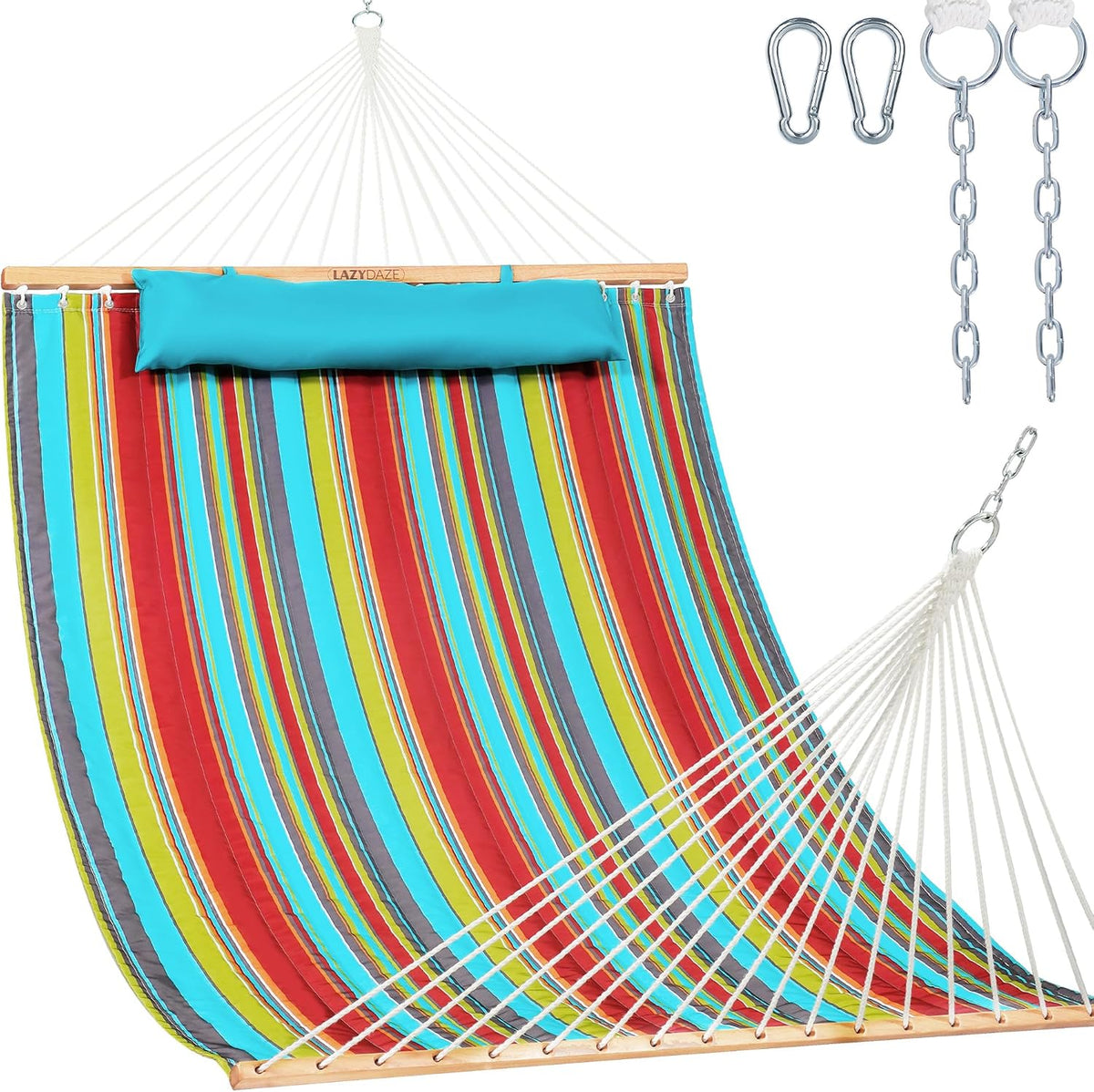 Lazy Daze Double Quilted Hammock with Carabiners & Soft Pillow for Outside