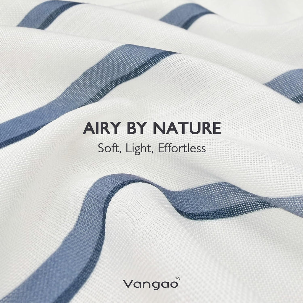 Vangao Striped Curtains Blue on White Semi Sheer Curtains 96 Inches Long