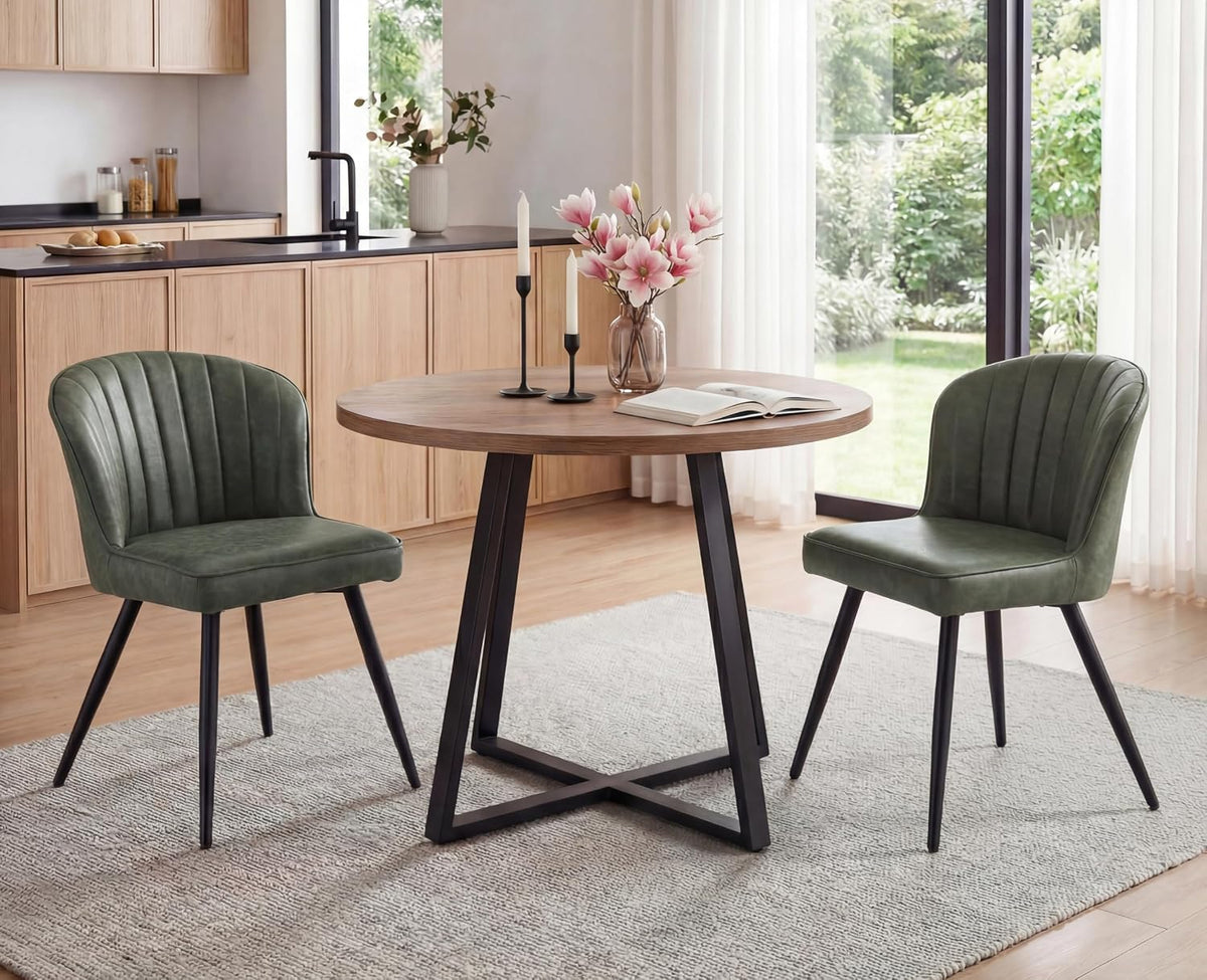 EALSON Modern Dining Chairs Set of 2, Upholstered Green Faux Leather Seater with Curved Shell Backs and Metal Legs, Armless Side Chair, for Dining Room/Kitchen/Restaurant Use