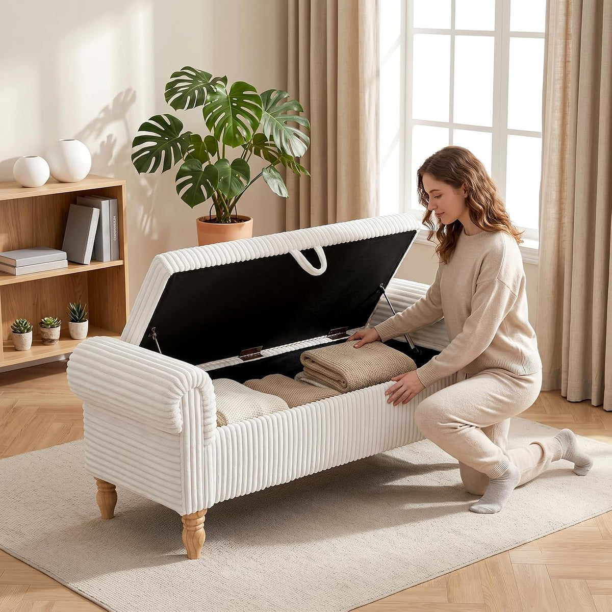 55" Storage Ottoman Bench, Corduroy End of Bed Bench for Bedroom, White