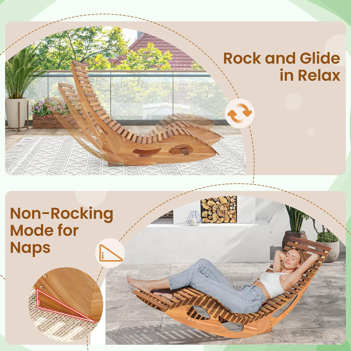 HAPPYGRILL Outdoor Acacia Wood Chaise Lounge, Rocking Chair with High Back, Slatted Seat, Stopper, Outside Wood Rocker, 350 Lbs Capacity Sun Lounger