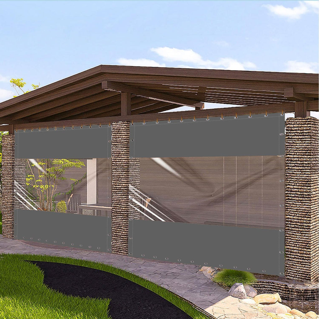 20 Oz Outdoor Vinyl Curtain, Outdoor Clear Panel Curtain, Weather Resistant Outdoor Curtain for Pergola, Porch, Gazebos, with Rustproof Grommets (8'H x 7'W, Dark Gray)