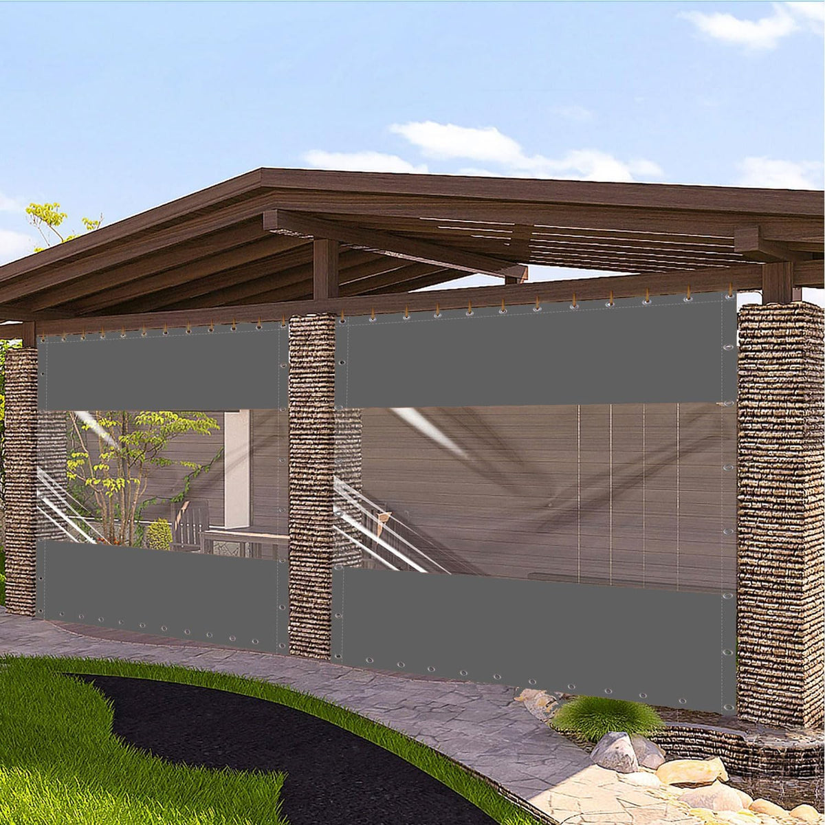 20 Oz Outdoor Vinyl Curtain, Outdoor Clear Panel Curtain, Weather Resistant Outdoor Curtain for Pergola, Porch, Gazebos, with Rustproof Grommets (8'H x 7'W, Dark Gray)