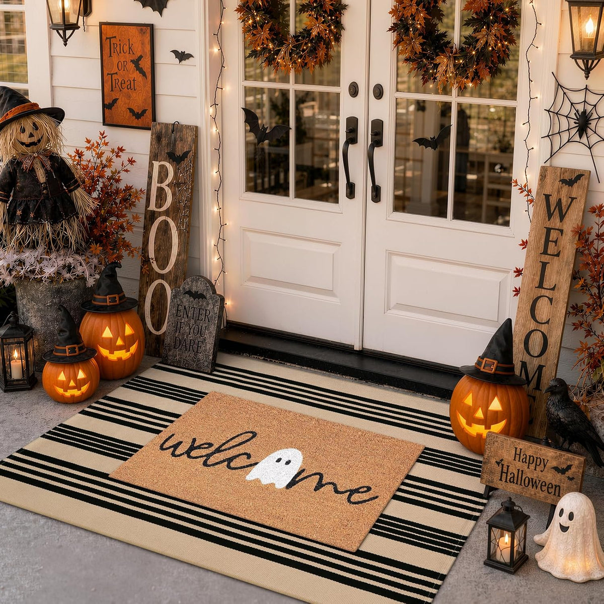 Striped Outdoor Rugs 3x5, Cotton Washable Fall Front Door Mat Decor