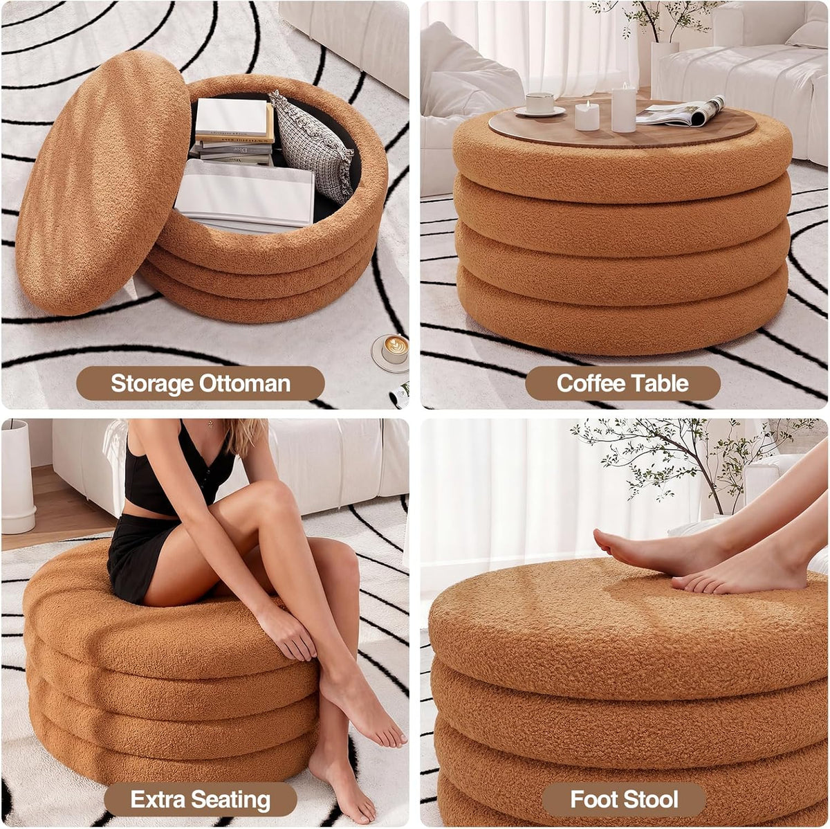 FiveWillowise 30 Inch Round Ottoman with Storage,Large Sherpa Coffee Table