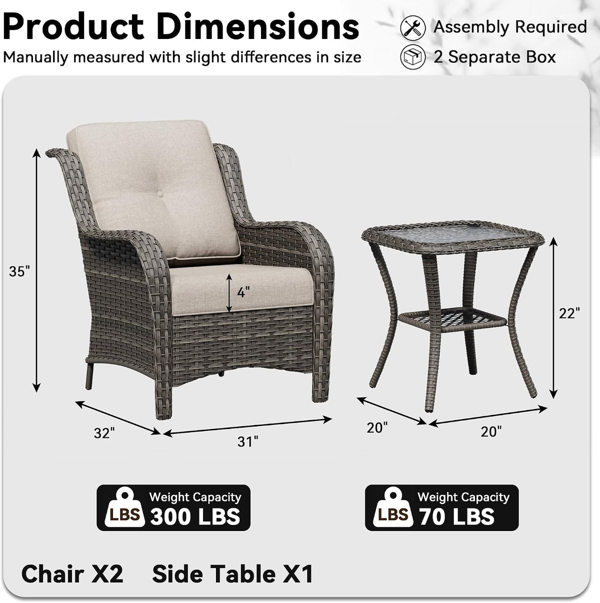3 Pieces Outdoor Wicker Patio Furniture Set - Patio Chairs Set with Thickened Olefin Cushions, High Back and Deep Seating, Curved Armrest, PE Rattan for Porch, Deck, Balcony,Beige