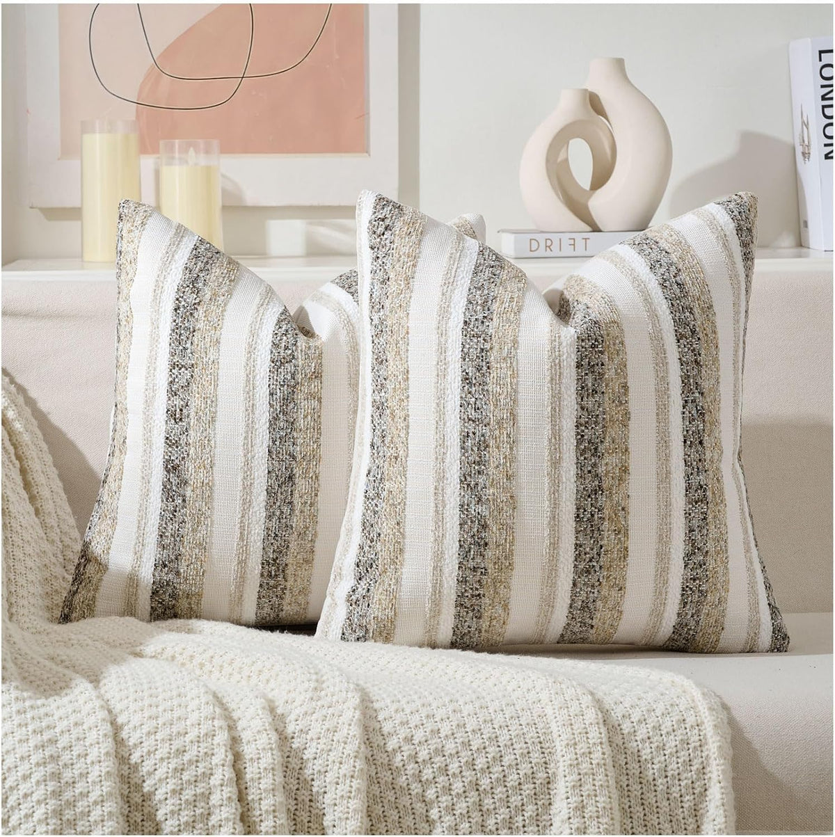 Zealax Modern Farmhouse Decorative Pillow Covers 20x20 Inch Boho Throw Pillows Neutral Soft Chenille Couch Cushion Covers, Set of 2 Velvet Striped Accent Pillows Cases for Sofa Bed Living Room, Beige