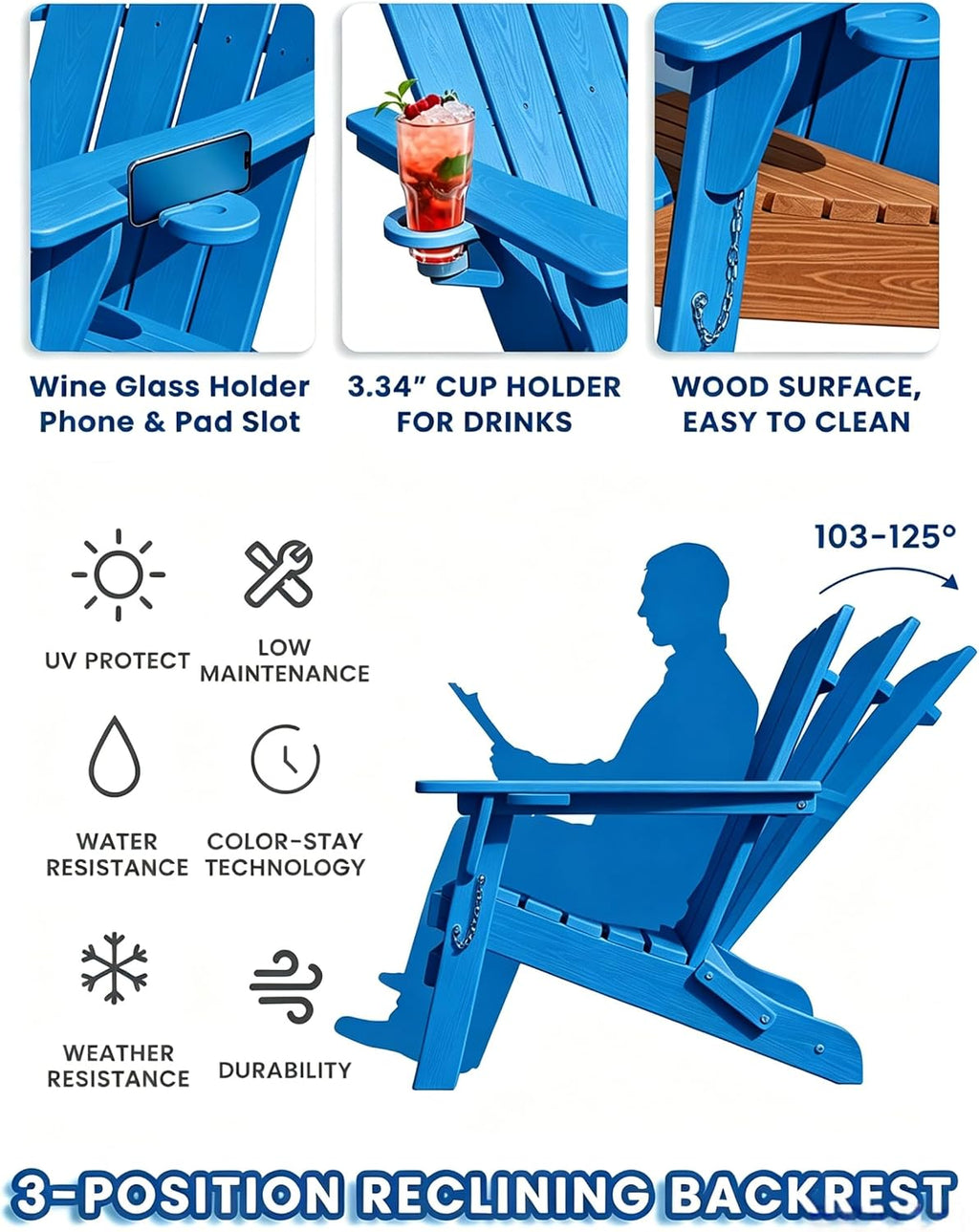 folding adirondack chairs with cup holder, adjustable reclining, side view