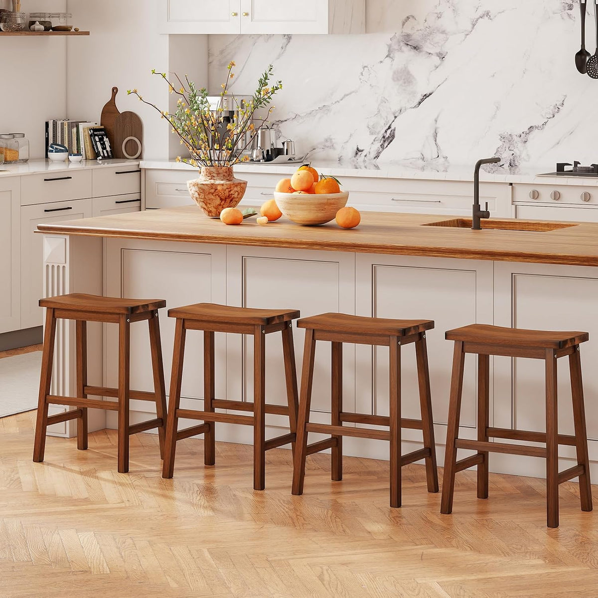 COSTWAY 24-inch Solid Wood Saddle Stools Set of 4 with Footrests, Walnut