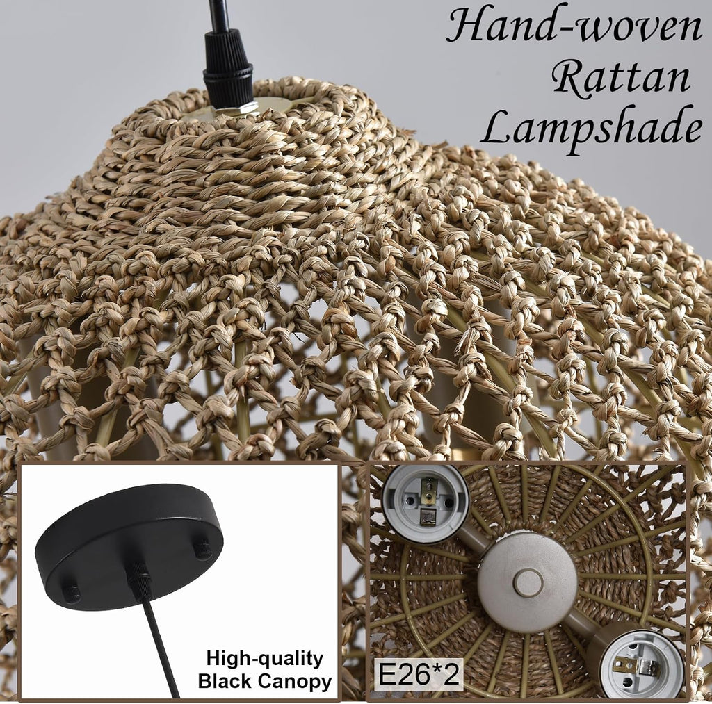 boho rattan pendant light fixture 13.79" 2-light wicker, close-up detail