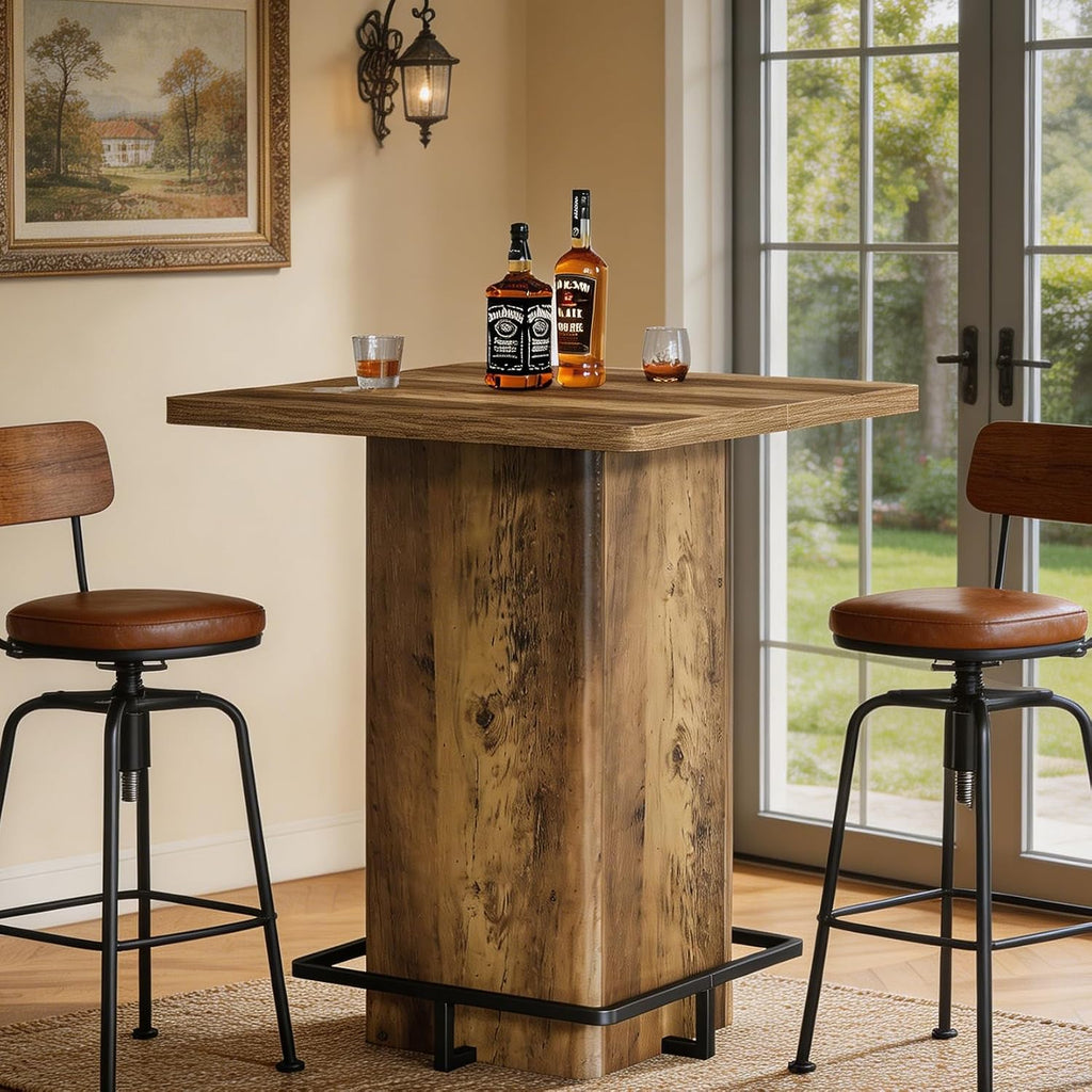 Tribesigns 39.37" Bar Height Table, Square Pub Table with Built-in Metal Footrest Ring, Sturdy Bistro Design for Kitchen, Home Bar, Small Space, Rustic Wood Grain