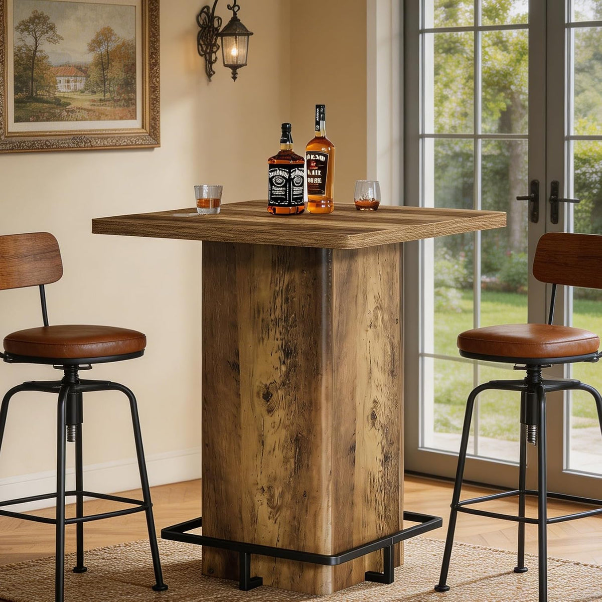 Tribesigns 39.37" Bar Height Table, Square Pub Table with Built-in Metal Footrest Ring, Sturdy Bistro Design for Kitchen, Home Bar, Small Space, Rustic Wood Grain