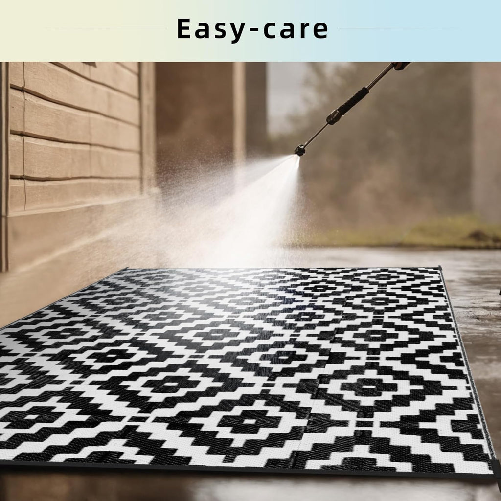 Favoyard Outdoor Rug Black & White 9x12 ft Waterproof Reversible Carpet Mat