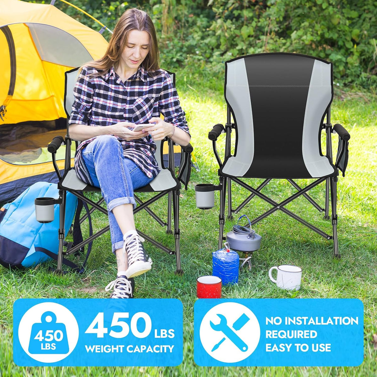 2 Pack Camping Chairs for Adults, 450 LBS Heavy Duty Camp Chair