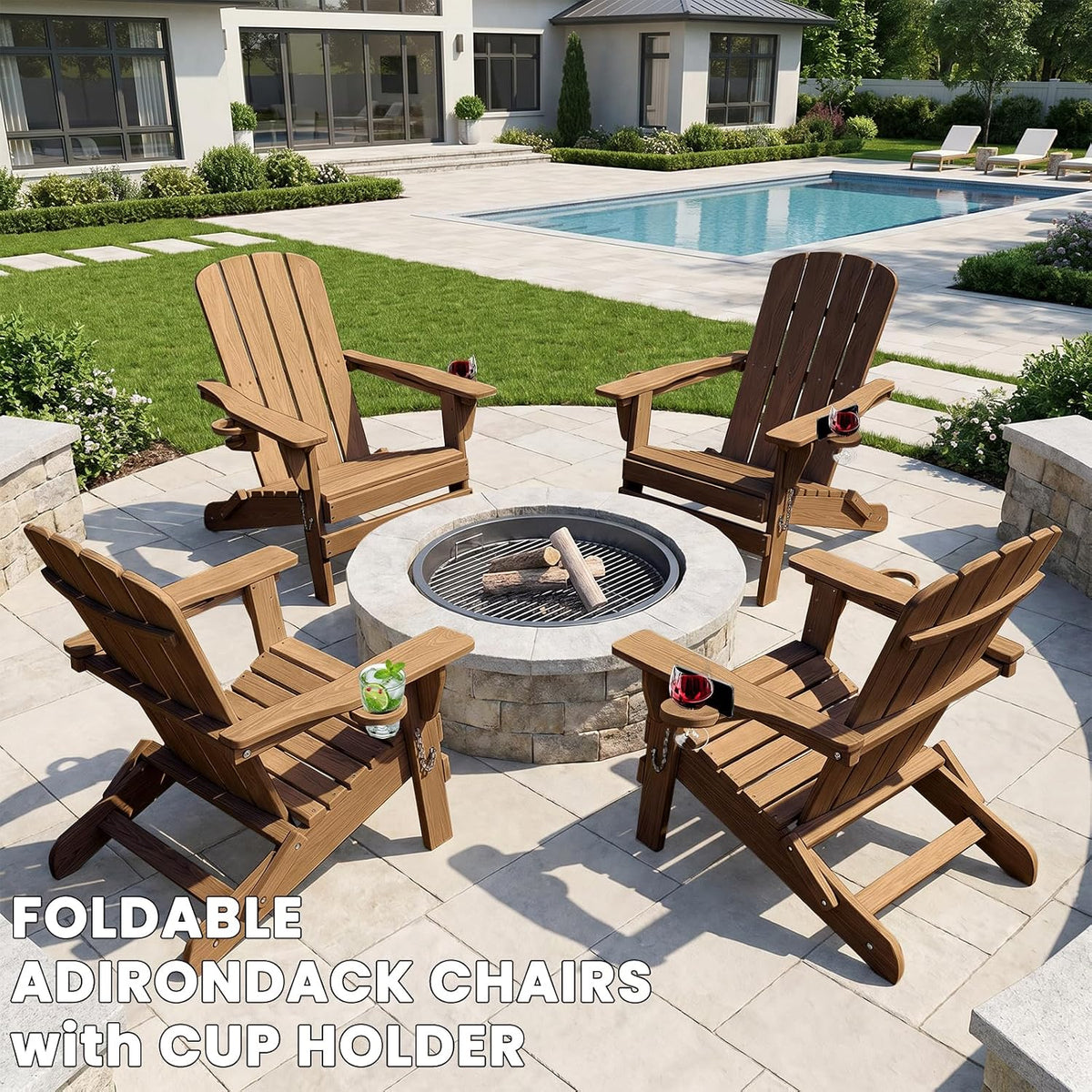 folding adirondack chair with 2 cup holders, hdpe shown in use