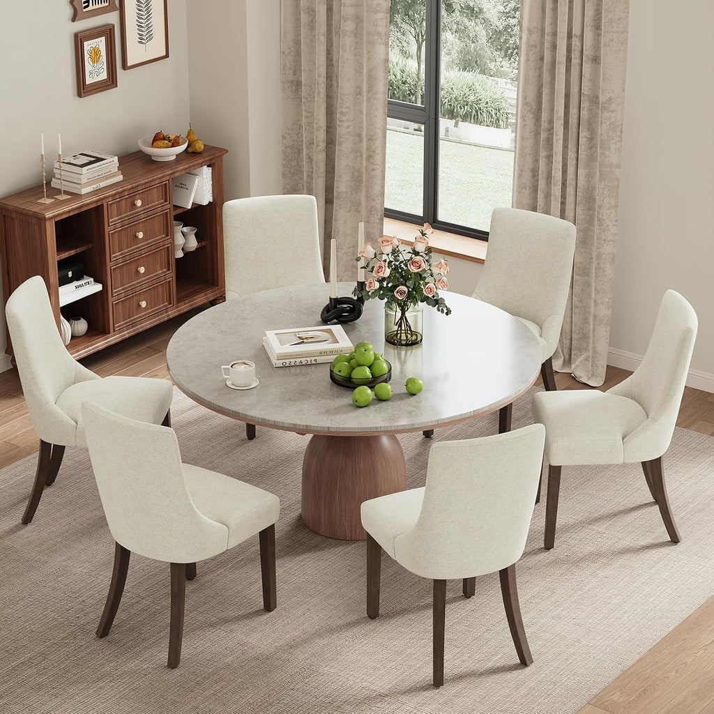 MALOL Wooden Dining Chairs Set of 6, Upholstered Kitchen & Dining Room Chairs with Solid Wood Legs Curved Backrest Farmhouse Accent Chair for Dining/Kitchen/Living Room, Beige