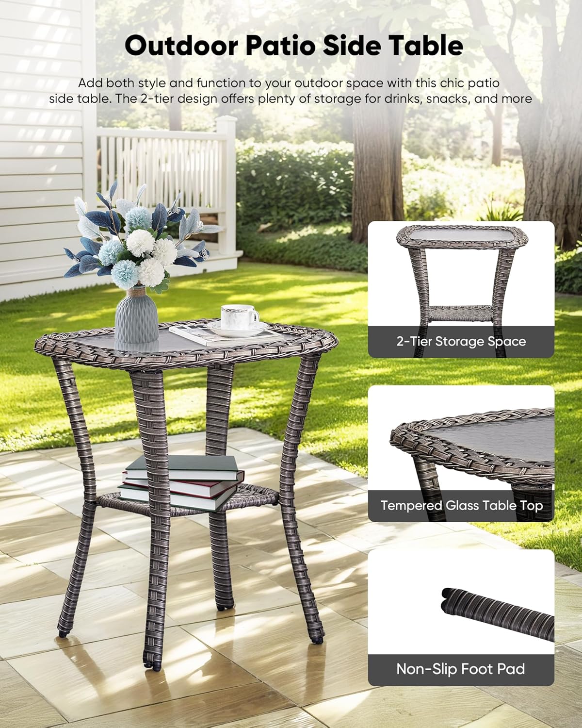 HUMMUH 3 Piece Wicker Swivel Rockers & Side Table, Grey/Blue