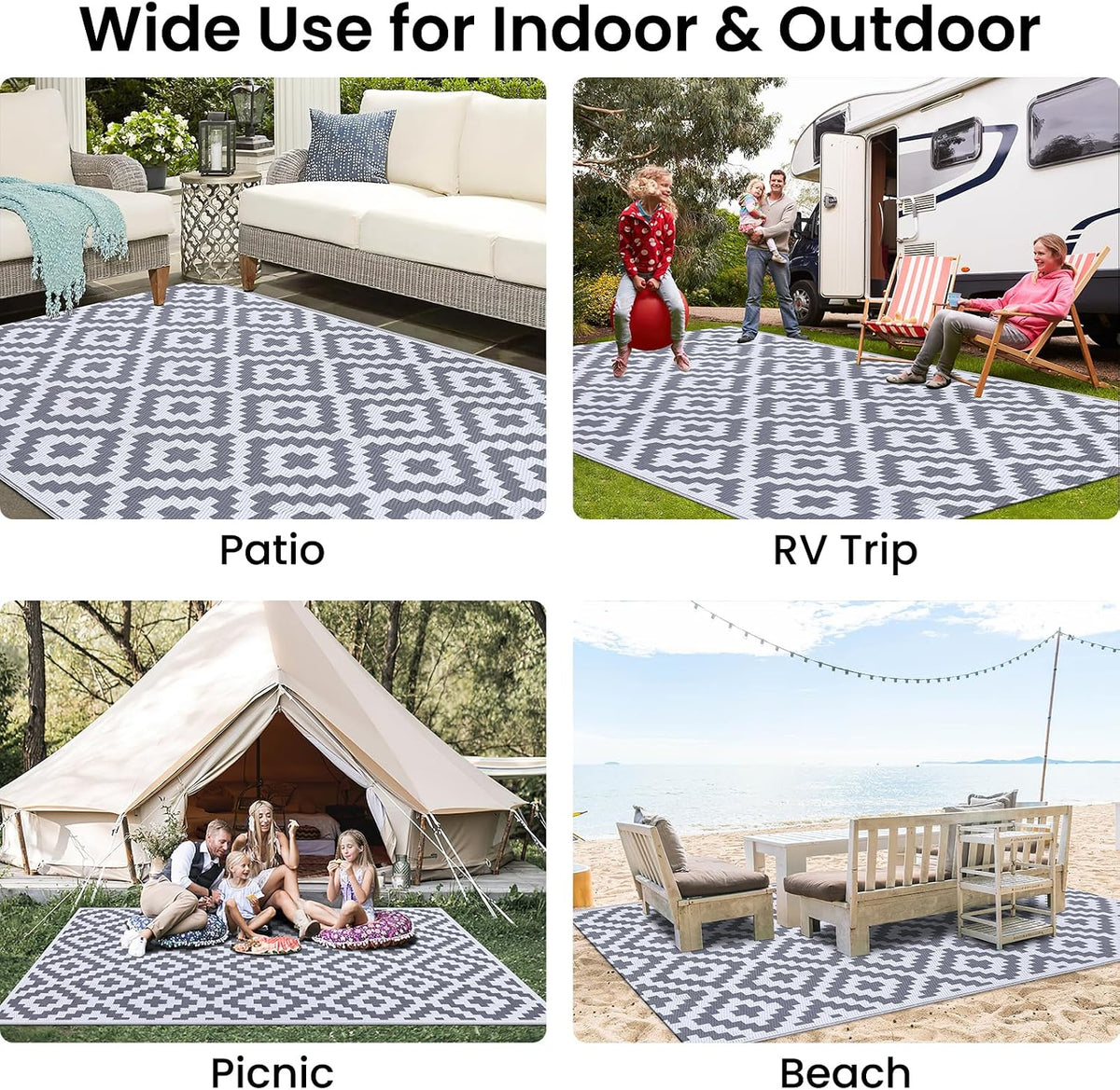 Smiry Outdoor Rug 5x8 ft Waterproof Reversible Boho Mat, White & Grey
