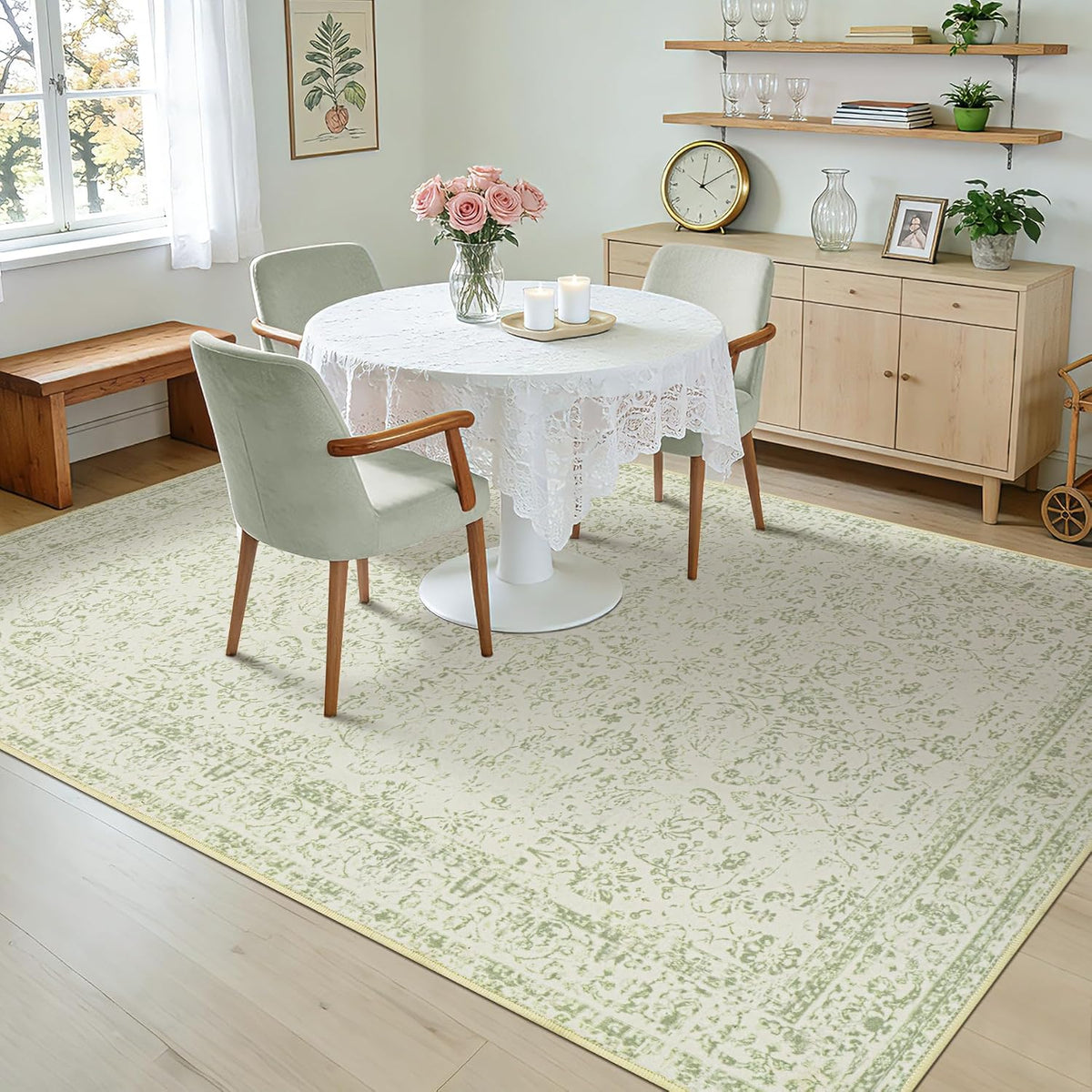 Light Green Area Rug 6x9 Floral Print Washable Throw Rugs for Living Room