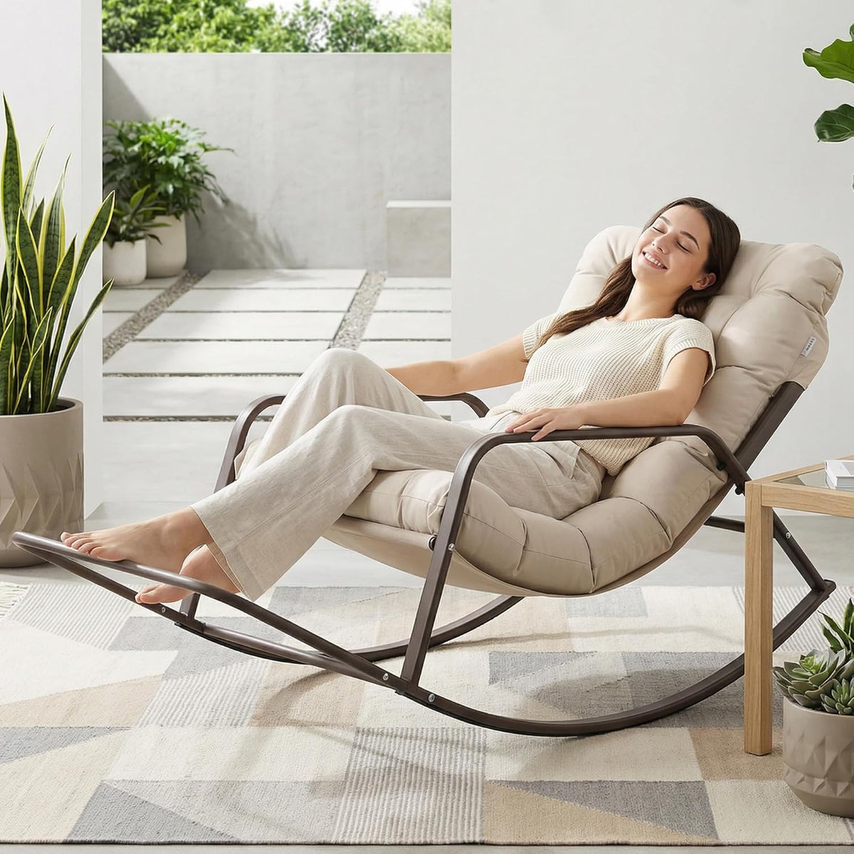 BULEXYARD Outdoor Papasan Rocking Chair with Footrest, Beige