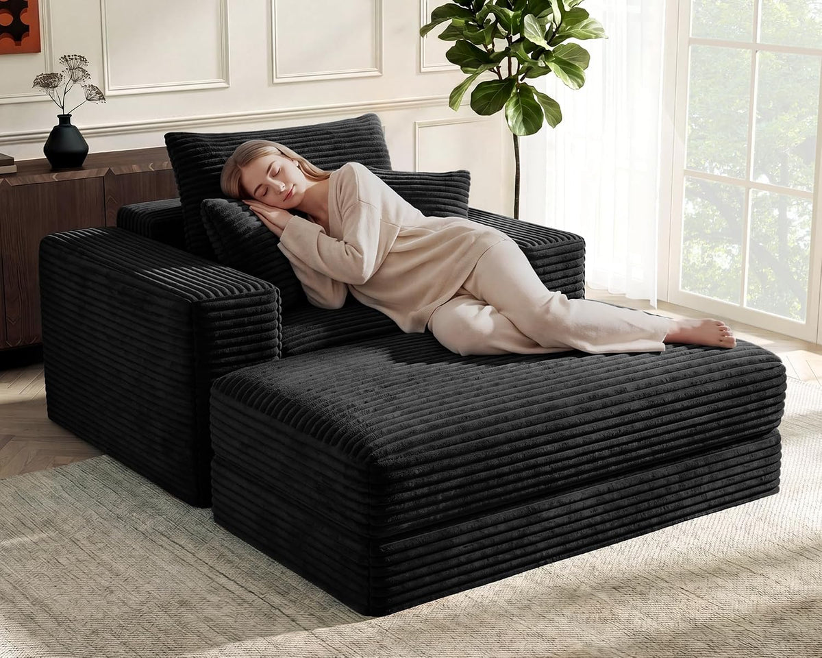 Busaurus 60'' Oversized Chaise Lounge Chair Indoor with Ottoman, Convertible Boneless Sofa Bed & Corduroy Reading Chair for Living Room & Bedroom, No Assembly Required