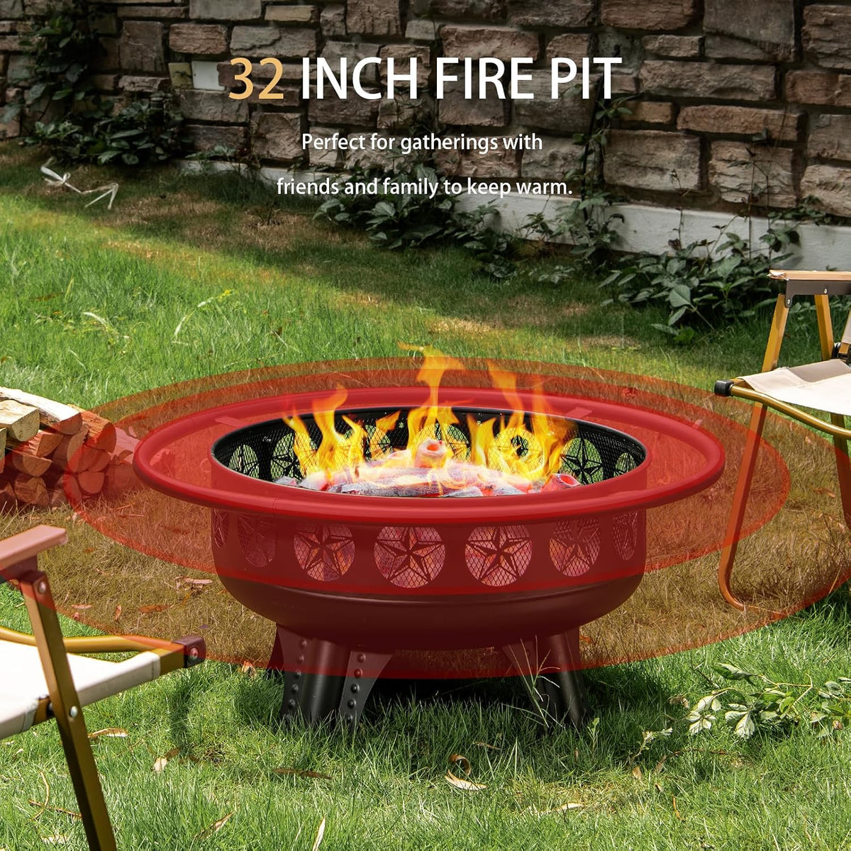 Verdeluxe 32 Inch Outdoor Fire Pit with Grill 3-in-1 Wood Burning