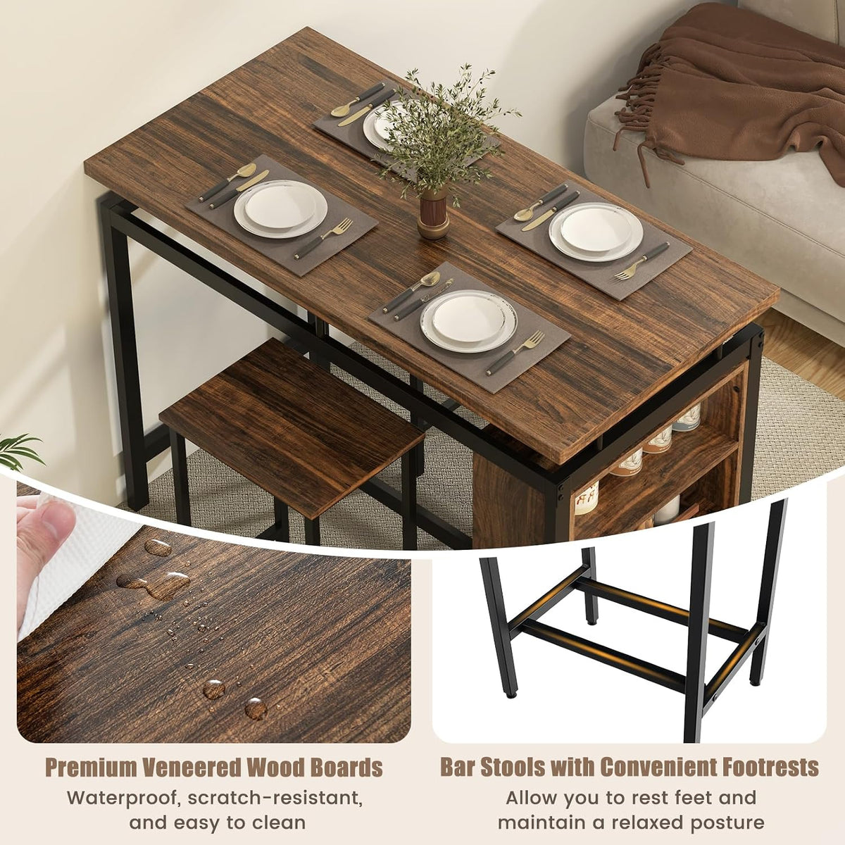 GIANTEX 3-Piece Dining Table Set - Counter Height Dining Table Set with 2 Bar Stools, 3-Tier Storage Shelf, Space-Saving Breakfast Nook Table Set for Small Places, Kitchen Table Chairs Set for 2