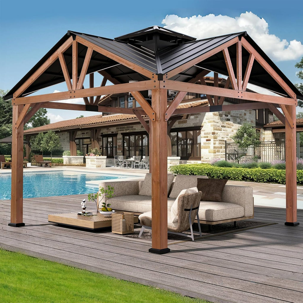 Modern Shade Cedar Wood Gazebo 12’ x 12’, Heavy Duty Hardtop Gazebo with Steel Roof, Water Resistant, Wind Resistant, Solid Wood Framed Pavilion, Perfect for Your Permanent Outdoor Pavilion