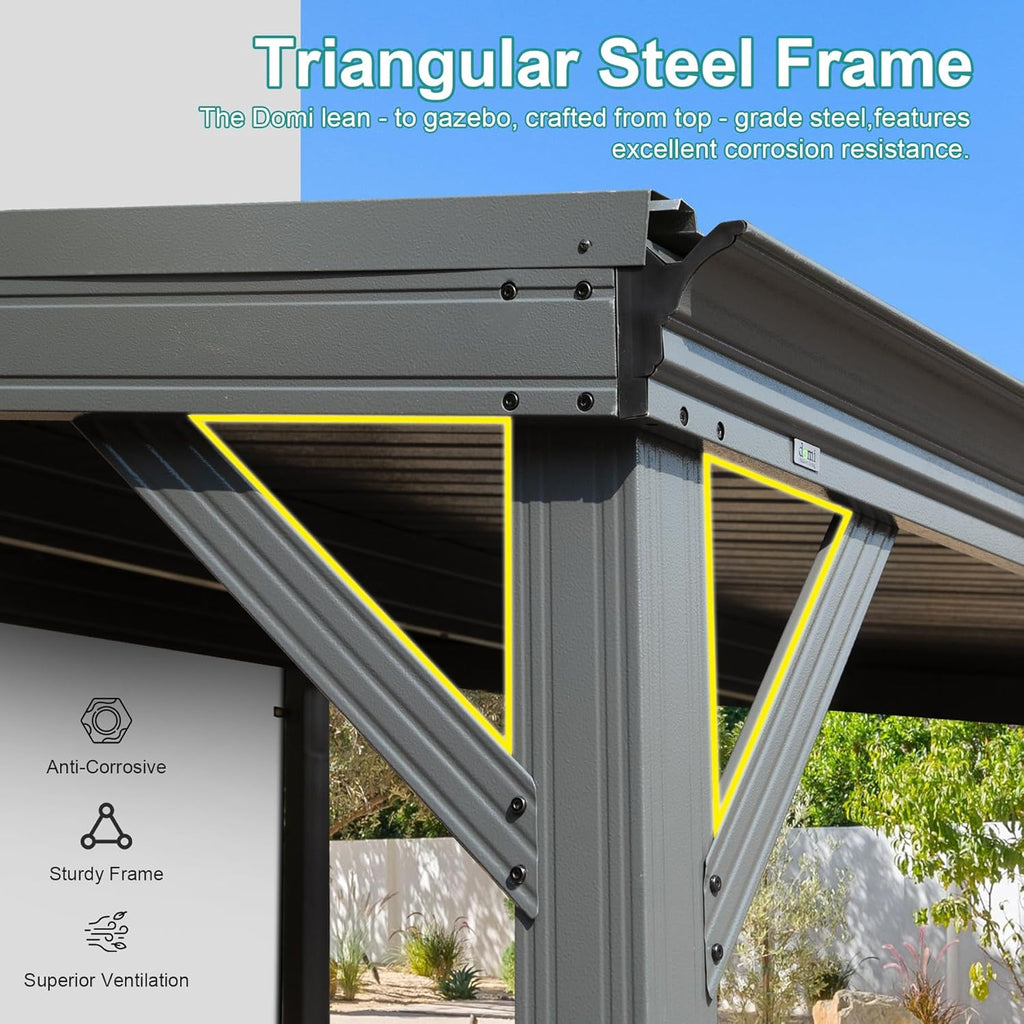 Domi 10'x10' Hardtop Lean-to Wall-Mounted Gazebo Pergola,Grey