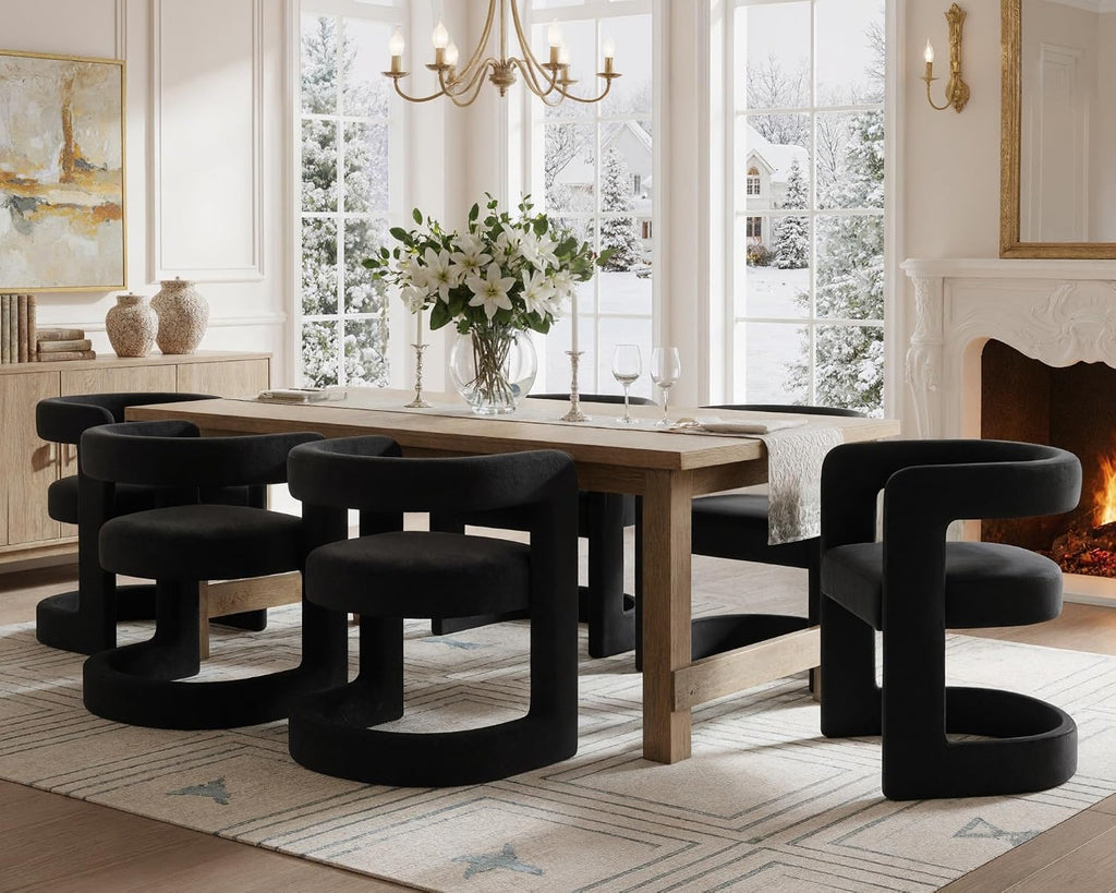 HNY Modern Black Velvet Barrel Dining Chairs Set of 6