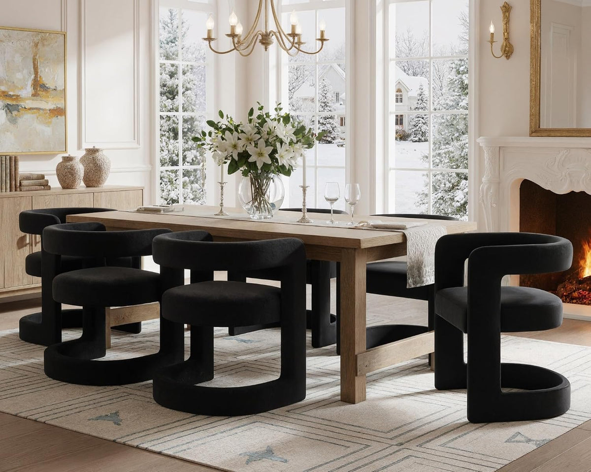 HNY Modern Black Velvet Barrel Dining Chairs Set of 6