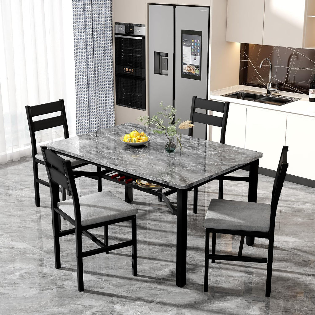 Hooseng 5 Piece Dining Table Set for 4, Modern Kitchen Table with Storage Rack and 4 Upholstered Chairs, Faux Marble Dining Room Table Set for Apartment, Small Spaces (Gray)