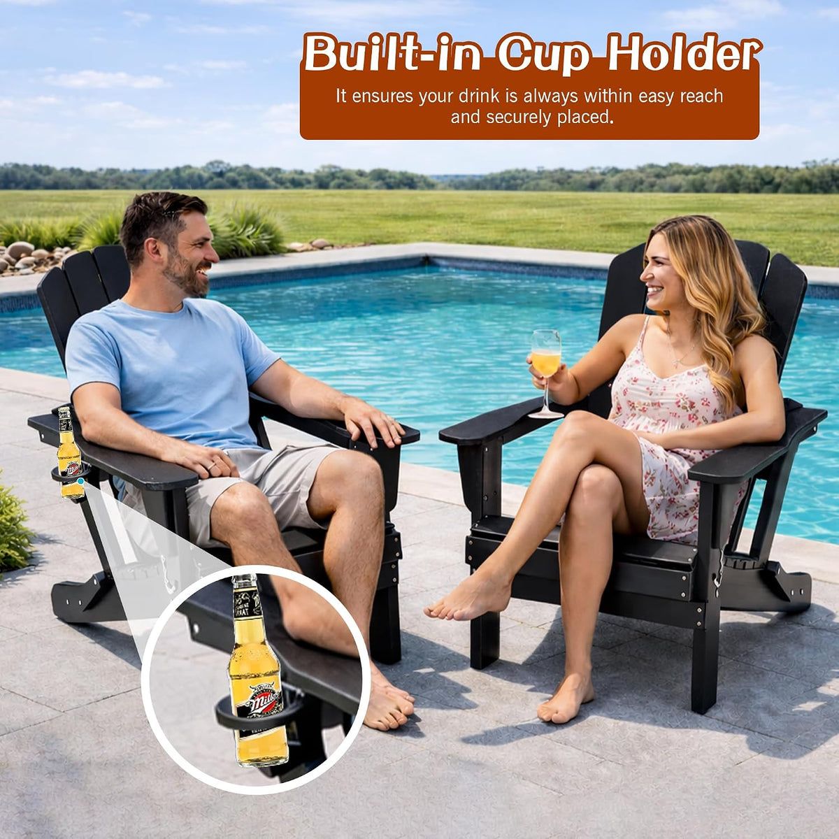 Domi Folding Adirondack Chair Set of 4, HDPE All-Weather Adirondack Chairs with Cup Holder, Outdoor Plastic Fire Pit Chairs Wood Texture for Poolside, Patio, Backyard, Deck (Black)