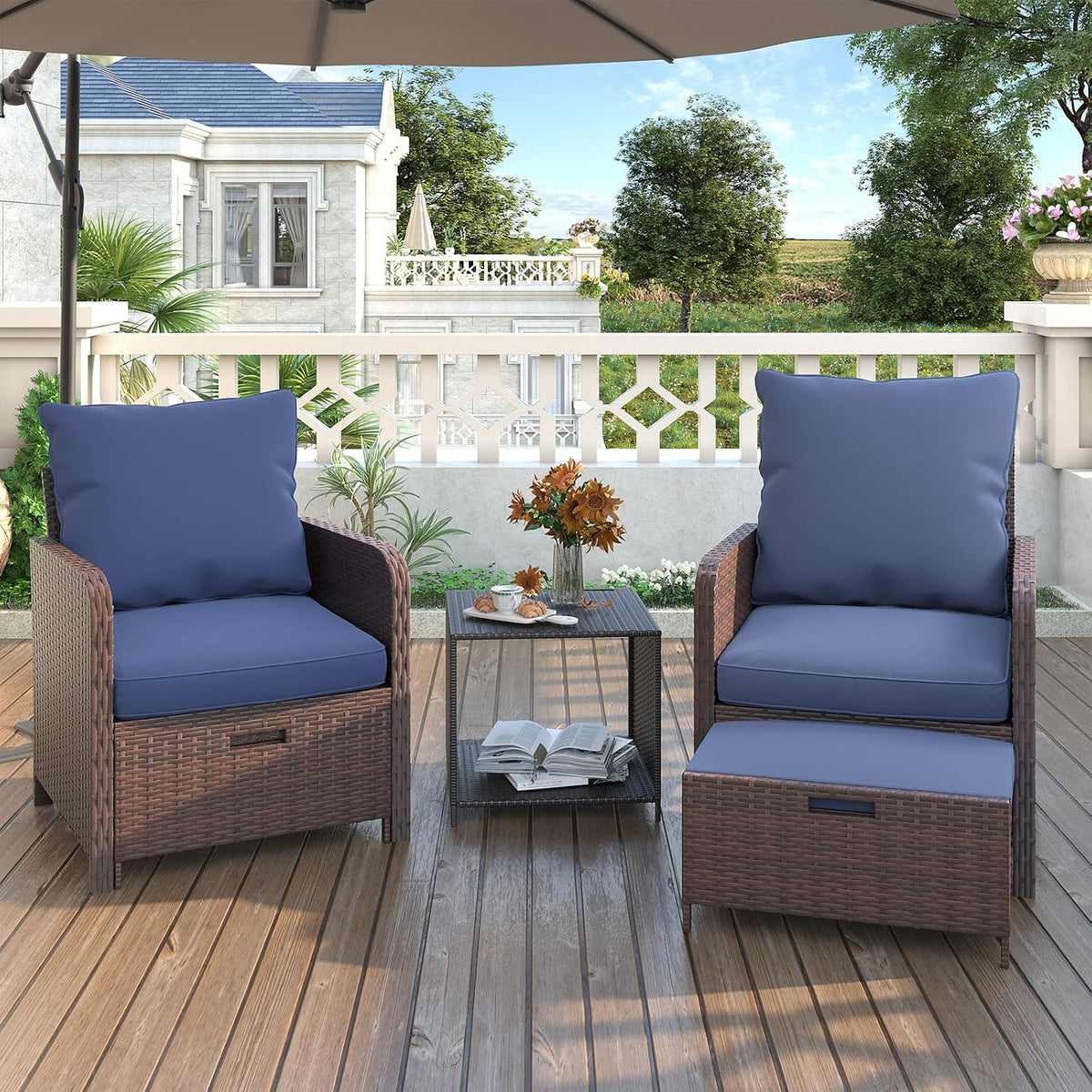 UDPATIO Balcony Furniture, Space-Saving Patio Chairs with Ottoman