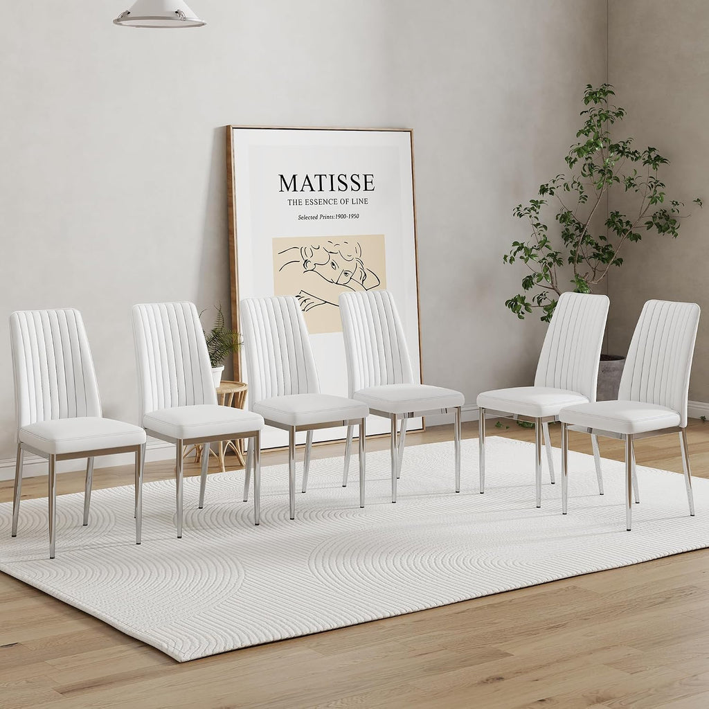 Modern Dining Chairs Set of 6,Dining Room Chairs Set of 6 with PU Leather and Chrome Leg High Back, Metal Chairs Sillas para Comedor Set de 6 for Kitchen, Living Room (WH-6)