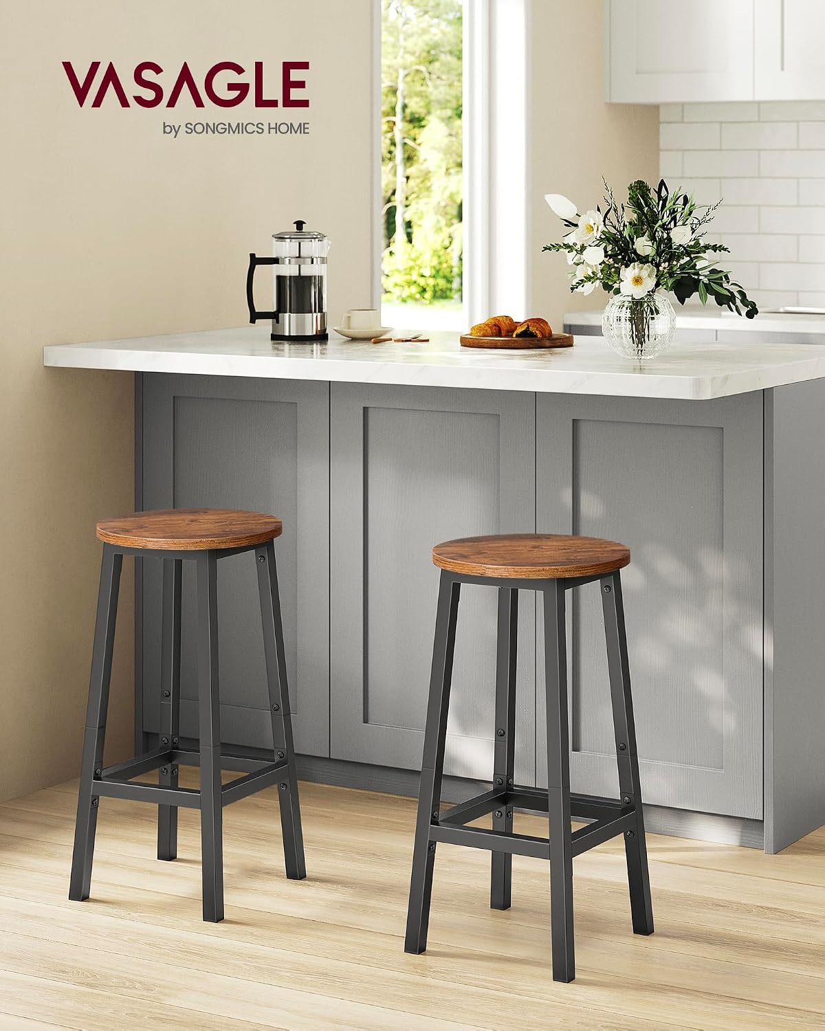 VASAGLE Bar Stools Set of 2 with Round Seat, Modern Basic Style