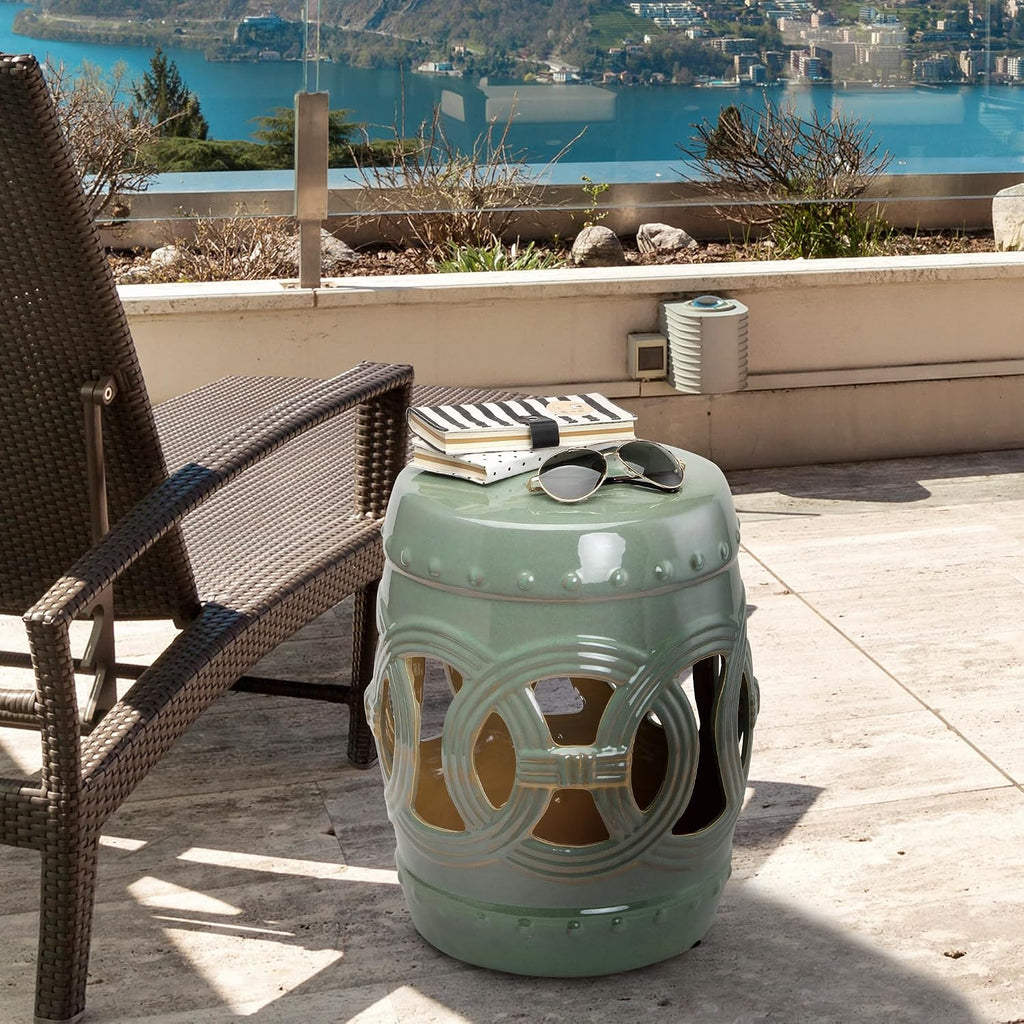 Knocbel Decorative Ceramic Garden Stool, Woven Lattice Design Side Table End Table, Accent Indoor Outdoor Patio Glazed Strong Material Plant Stand, 12.5" Dia x 18" H, Green Woven Lattice