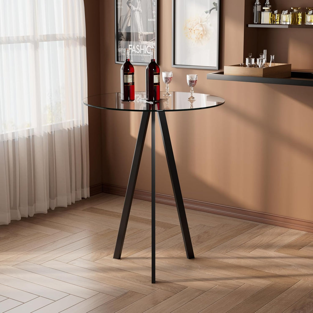 Round Bar Table, 37.4" High Pub Table, 31" Small Cocktail Table with Metal Base & Glass Top, for Small Spaces, Bistro Pub, Cafe(Black)
