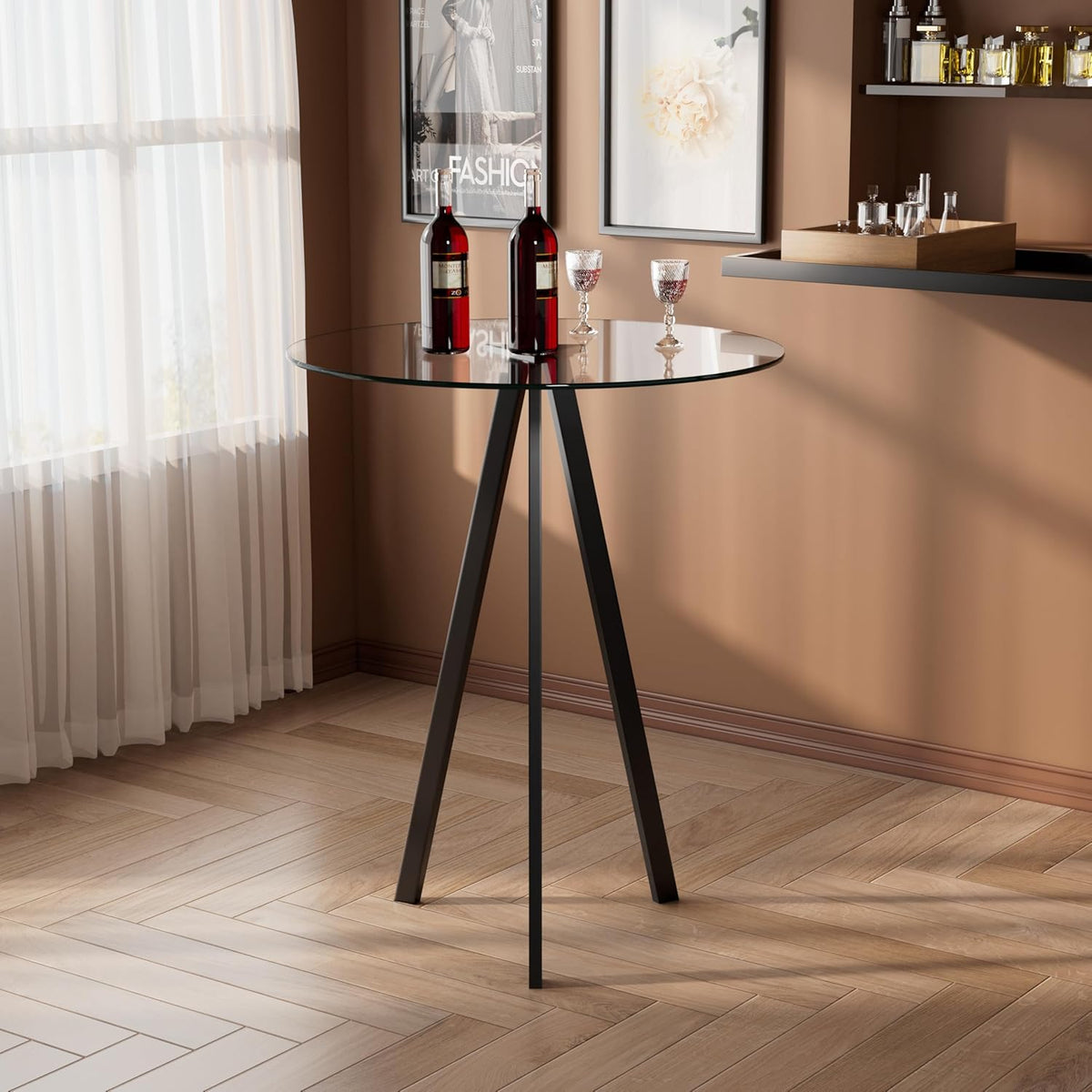Round Bar Table, 37.4" High Pub Table, 31" Small Cocktail Table with Metal Base & Glass Top, for Small Spaces, Bistro Pub, Cafe(Black)