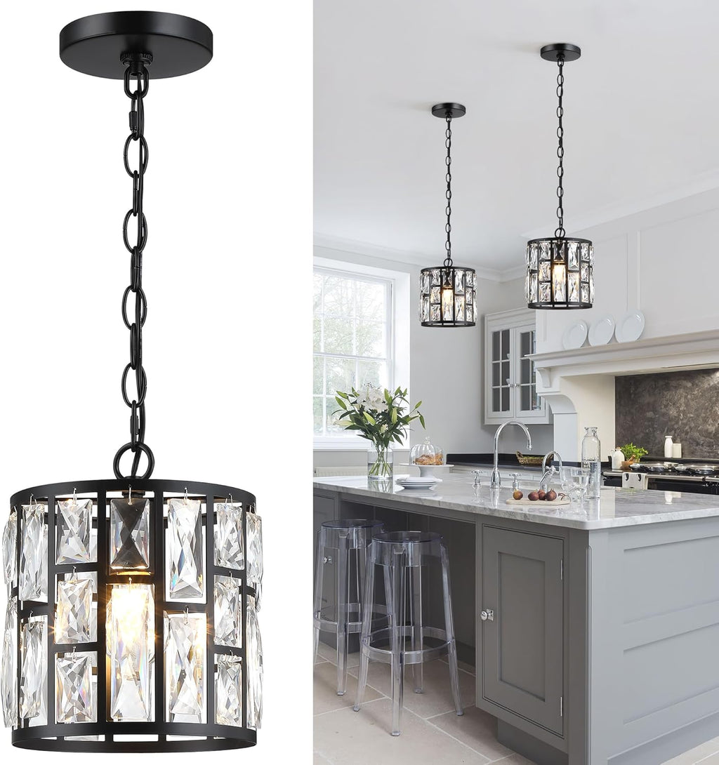 MEXO Modern Crystal Pendant Light,Black Chandelier Light Fixture, Cylinder Adjustable Height Pendant Lights for Kitchen,Dining Room,Living Room,Foyer,Hallway