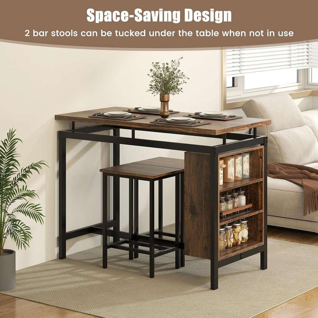 GIANTEX 3-Piece Dining Table Set - Counter Height Dining Table Set with 2 Bar Stools, 3-Tier Storage Shelf, Space-Saving Breakfast Nook Table Set for Small Places, Kitchen Table Chairs Set for 2