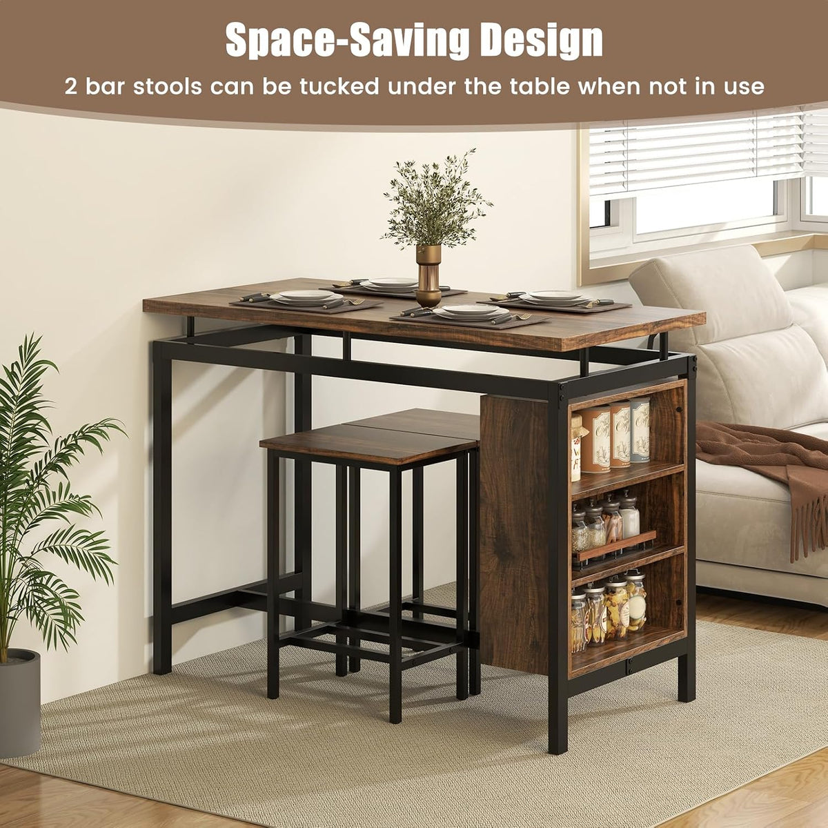 GIANTEX 3-Piece Dining Table Set - Counter Height Dining Table Set with 2 Bar Stools, 3-Tier Storage Shelf, Space-Saving Breakfast Nook Table Set for Small Places, Kitchen Table Chairs Set for 2