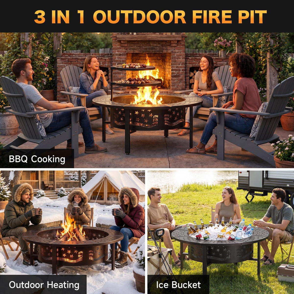 PrimeZone 42" Outdoor Wood Burning Fire Pit with 2 Adjustable Grills