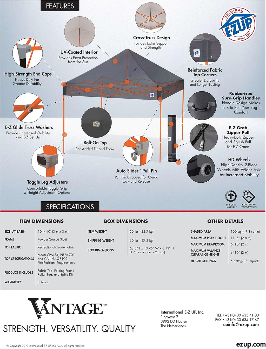 E-Z UP 10x10 Vantage Pop Up Canopy Tent, Steel Frame, Black Top, Wide-Trax Roller Bag & Spike Kit