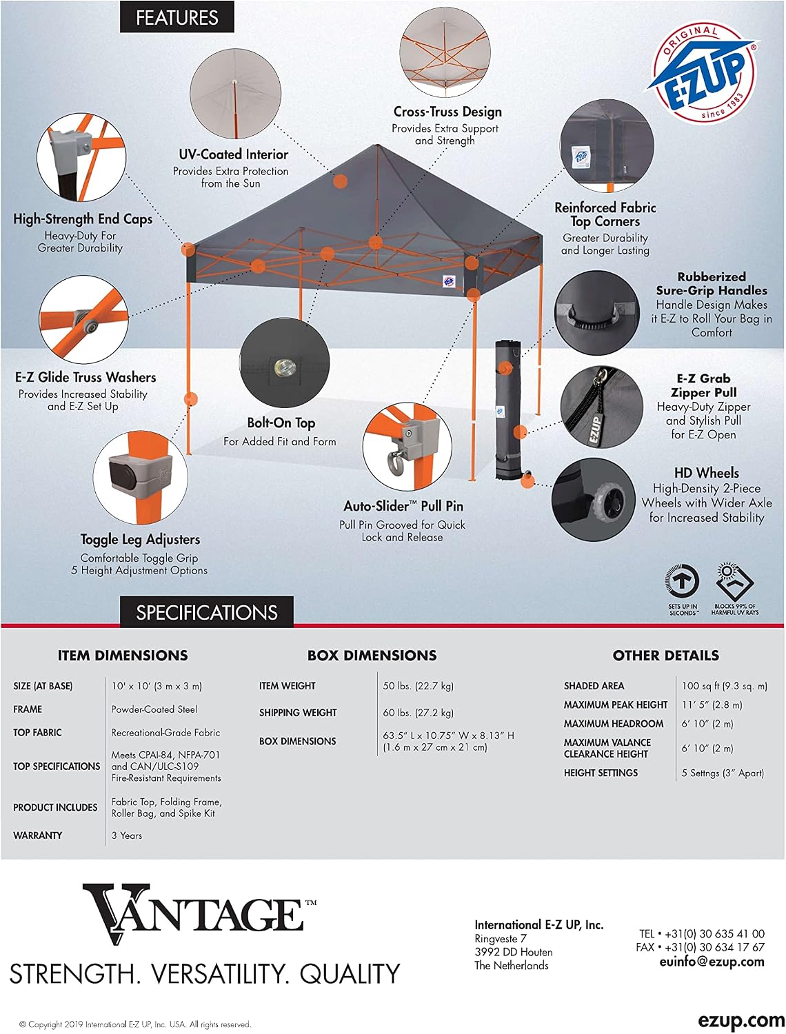 E-Z UP 10x10 Vantage Pop Up Canopy Tent, Steel Frame, Black Top, Wide-Trax Roller Bag & Spike Kit