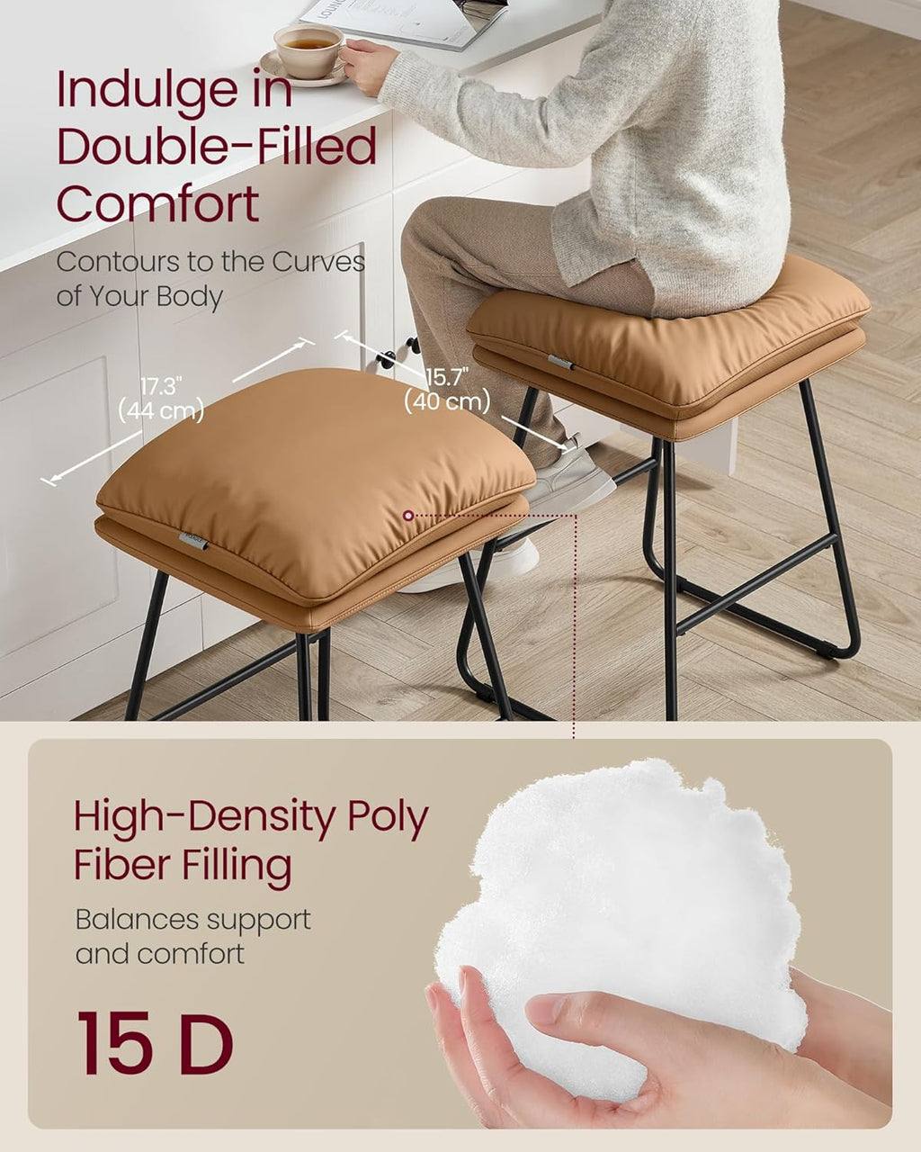 VASAGLE Bar Stools Set of 2, Leather, Metal Sled Legs, 25.6 Inches